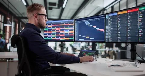 Young Analyst Efficiently Managing Multiple Projects Using Computer Software  Stock Photos