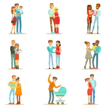 Young And Expecting Parents With Small Babies And Toddlers Set Of Happy Full Stock Illustration