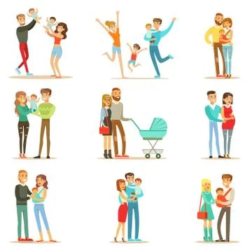 Young And Expecting Parents With Small Babies And Toddlers Serie Of Happy Full Stock Illustration