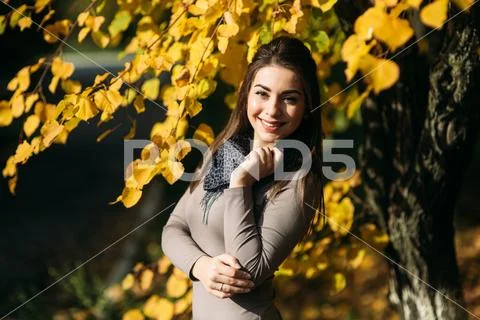 Young and pretty brunette girl in a dress and scarf stands near a beautiful big Stock Photos