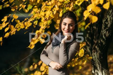 Young and pretty brunette girl in a dress and scarf stands near a beautiful big Stock Photos