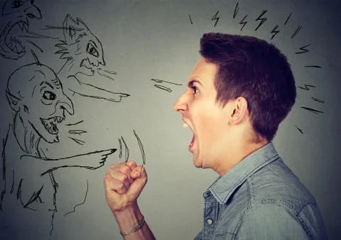 Young angry guy and evil men screaming at each other Stock Photos