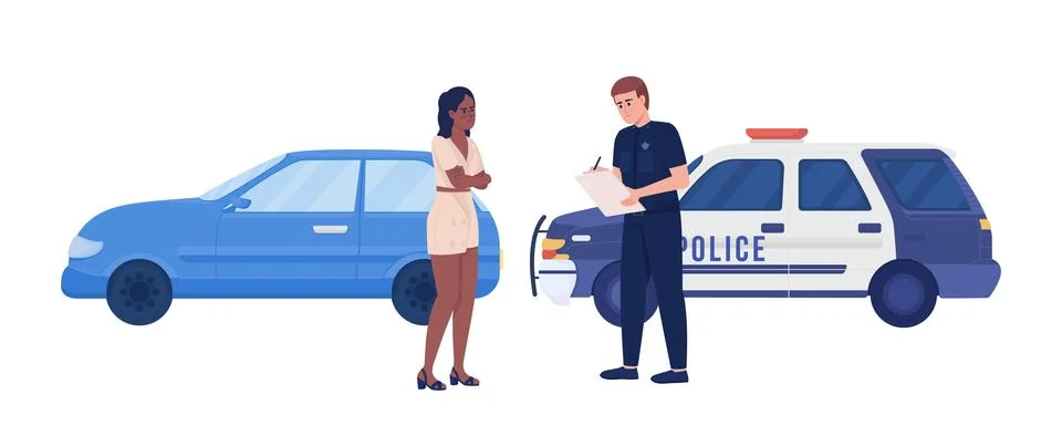 Young angry lady pulled over by police officer semi flat color vector characters Stockillustratie
