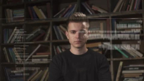 Young app tester working with program code on transparent screen Stock Footage 97495139