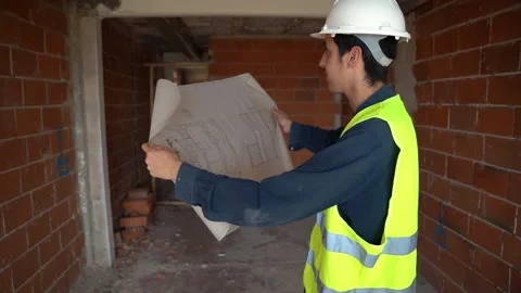 Young Arab architect checking the layout plans of a building. Construction .. Stock Footage 242035957