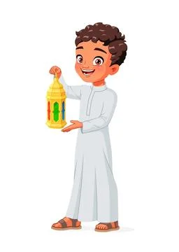Young Arab boy holding lantern celebrating Ramadan. Eid Mubarak vector Stock Illustration