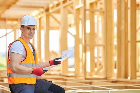 Young architect, builder, engineer constructing wooden house in forest in summer Stock Photos