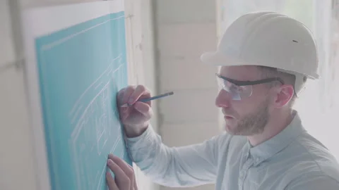 Young architect engineer works with blueprints  in a helmet and glasses Video stock 133056798