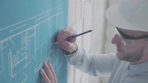 Young architect engineer works with blueprints  in a helmet and glasses Stock Footage 133056850