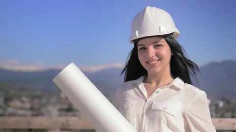 Young architect in helmet, engineer, designer, employee, white woman Stock Footage 240340305