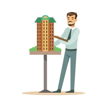 Young architect man presenting model of building, colorful character vector Ilustración de archivo
