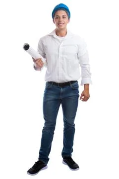 Young architect with plan standing full body occupation job isolated Stock Photos