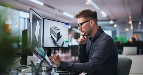 Young Architect Studying 3D Building Model On Dual Touchscreen Laptop. Stock Photos