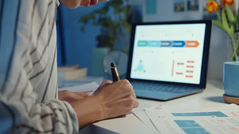 Young asia lady write worksheet finance graph in laptop and tablet at house. Stock Footage 153220845