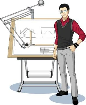 Young Asian architect student presenting his blueprint Stock Illustration