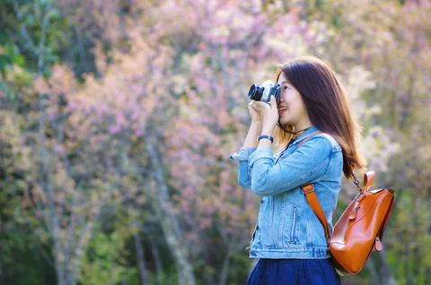 Young Asian backpacker. Foto stock
