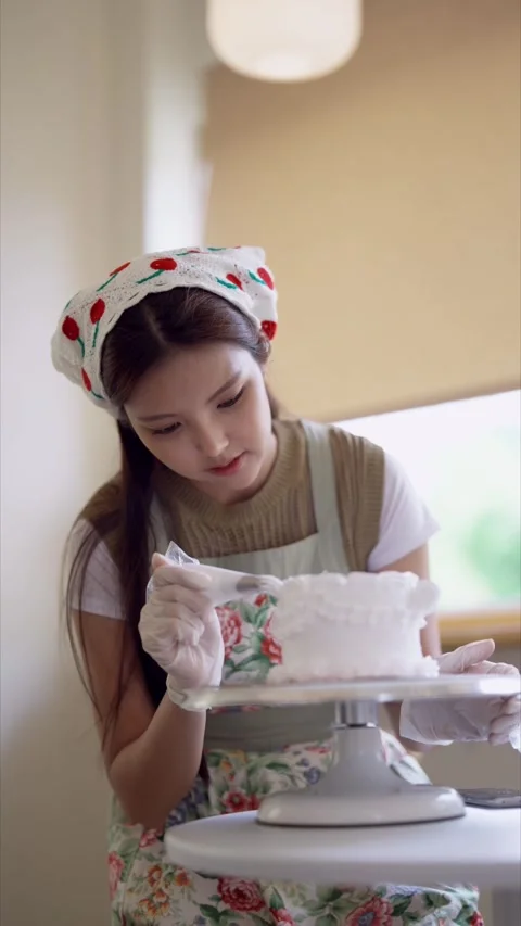 Young Asian baker carefully decorating handmade cake with piping bag in bri.. Stock Footage 345102798
