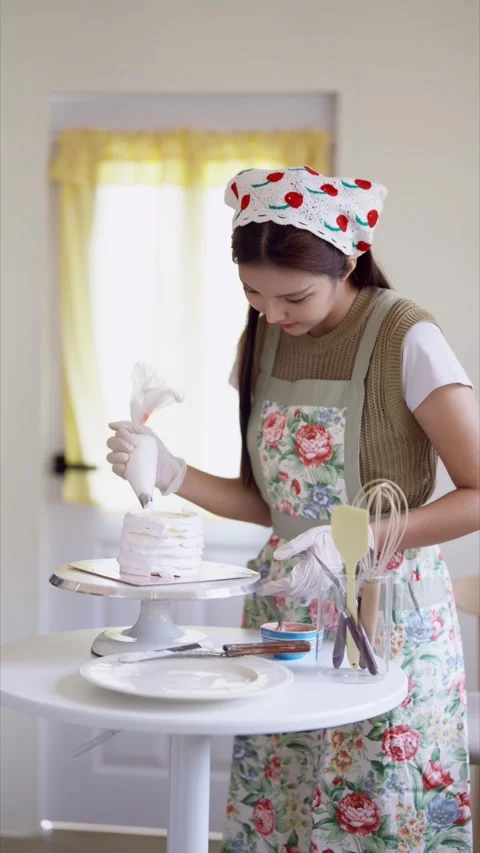 Young Asian baker piping white frosting onto layer cake on stand in home ba.. Stock Footage 345102705