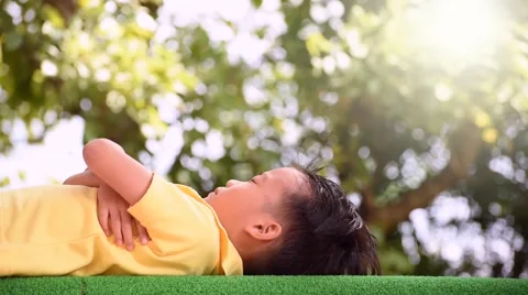 Young Asian boy lay down and wake up on the green lawn in the park Stock Footage 58168716