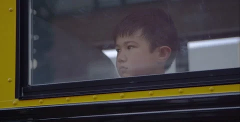 Young asian boy looking out school bus window Stock Footage 53397306