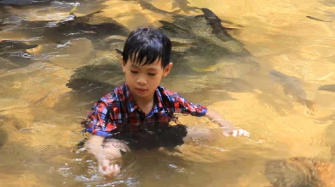 Young asian boy sitting in the river Stock Footage 64620481