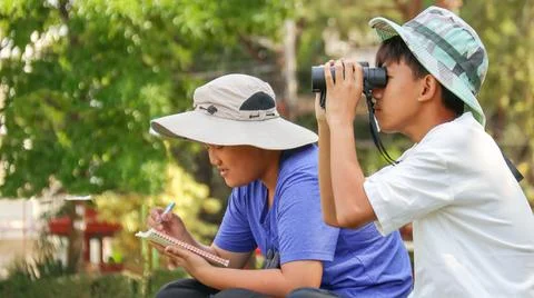 Young Asian boy is using a binocular to lookout for birds and animals Stock Photos
