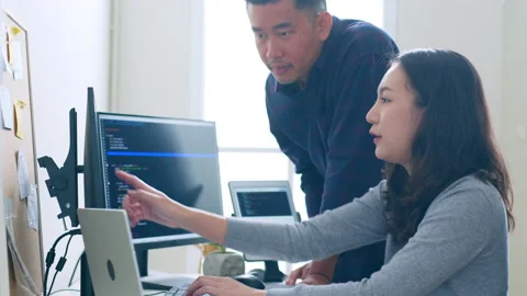 Young Asian developer programmer, software engineer, working with colleague Stock Footage 221085472