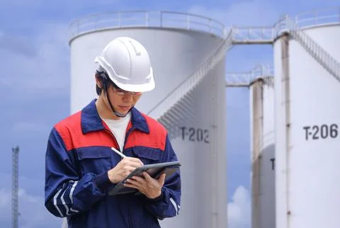 Young Asian engineer using digital tablet to working his job with blurred b.. Stock Photos