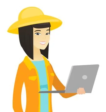 Young asian farmer using a laptop. Illustrazione stock