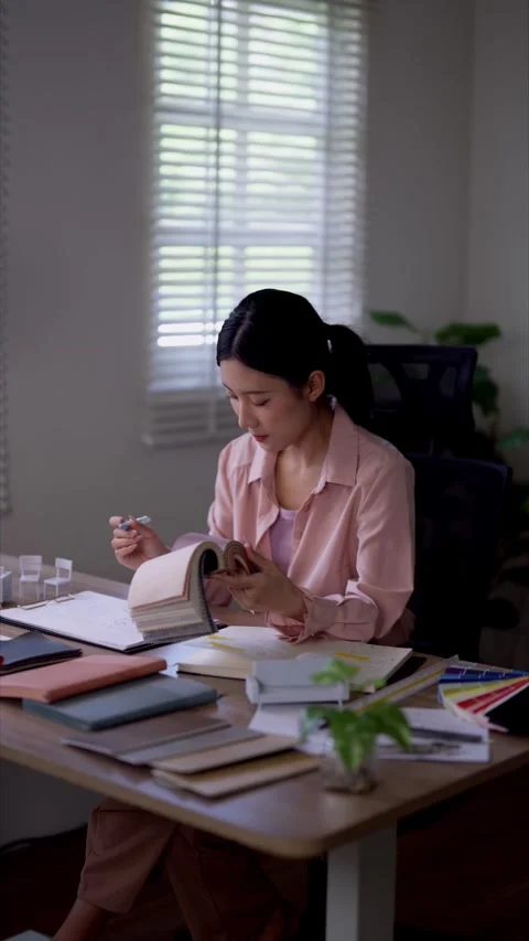 Young Asian interior designer examining fabric swatches and material sample.. Stock Footage 336916328