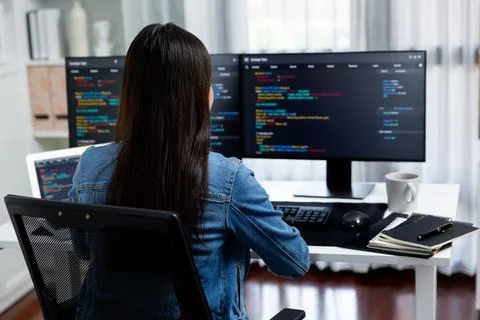 Young Asian in IT creating with typing online information on pc. Stratagem. Foto stock
