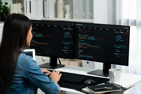 Young Asian in IT creating with typing online information on pc. Stratagem. Foto stock