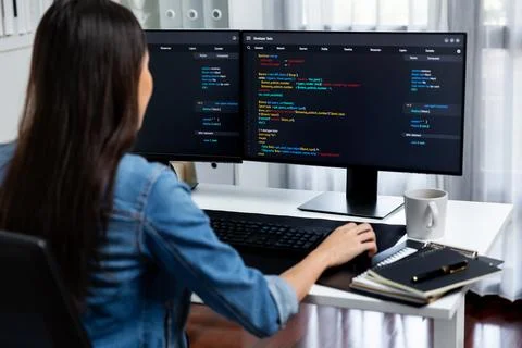 Young Asian in IT creating with typing online information on pc. Stratagem. Foto stock