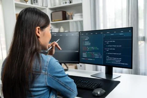 Young Asian in IT developer looking online information on pc to pose. Stratagem. 스톡 사진