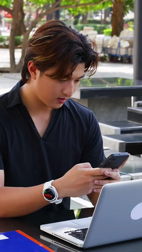 Young Asian Male Student Using Smartphone at Outdoor University Campus Desk Stock Footage 328216300