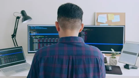 Young Asian man, developer programmer, software engineer, IT support, working Stock Footage 220951491