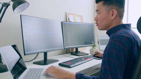 Young Asian man, developer programmer, software engineer, IT support, working Stock Footage 221085271