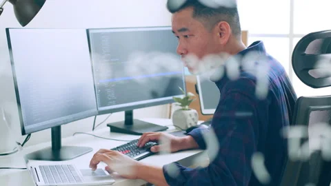 Young Asian man, developer programmer, software engineer, IT support, working Stock Footage 221085320