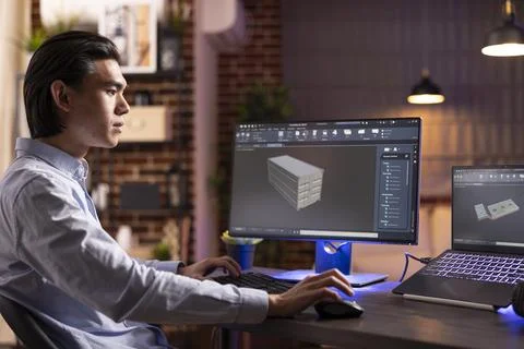 Young asian man developing product prototypes using cad software Stock Photos