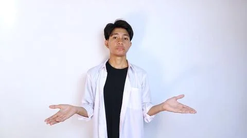 Young asian man gesturing not knowing how, confused by stretching out his t.. 写真素材