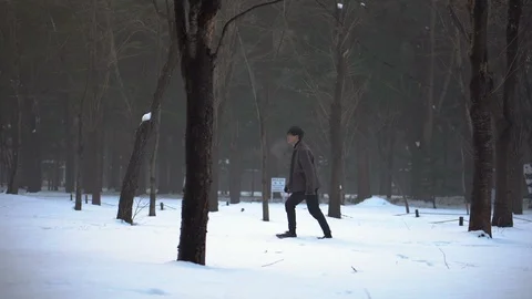 Young Asian Man Lost in Local Park during Winter Stock Footage 101009370
