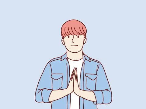 Young asian man please apologize pose for forgive press palms pray gesture Stock Illustration