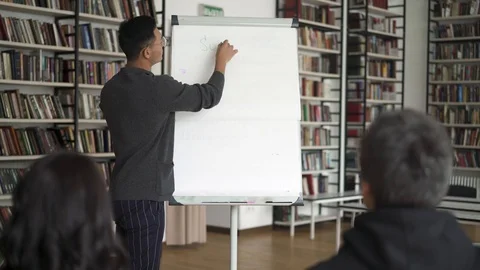 Young asian man standing with a flipchart during his lecture Stock Footage 111700271