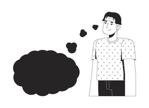 Young asian man thinking with empty thought bubble 2D line character Stock Illustration