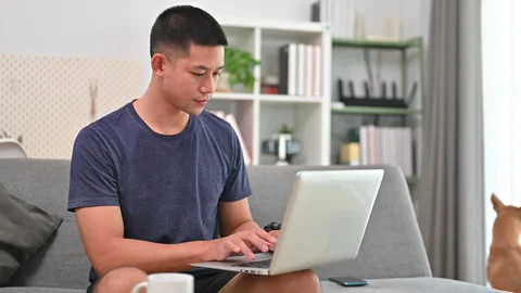 Young Asian man working remotely online on laptop sitting on sofa at home Stock Footage 253405522
