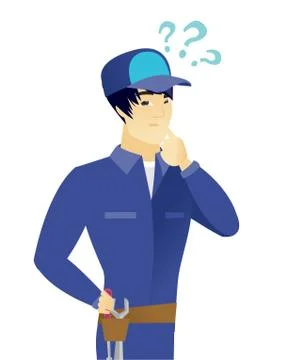 Young asian mechanic with question marks. Stock Illustration