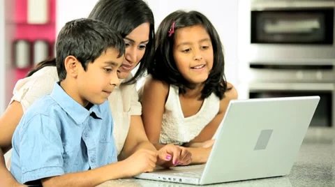 Young Asian Mother &amp; Children Using Laptop Stock Footage 8764150