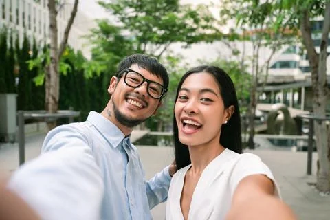 Young asian people making selfie in Bangkok Thailand Stock Photos