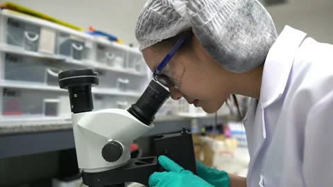 Young asian scientist looking through a microscope in a laboratory Stock Footage 196963810