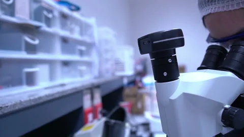 Young asian scientist looking through a microscope in a laboratory Stock Footage 196964069